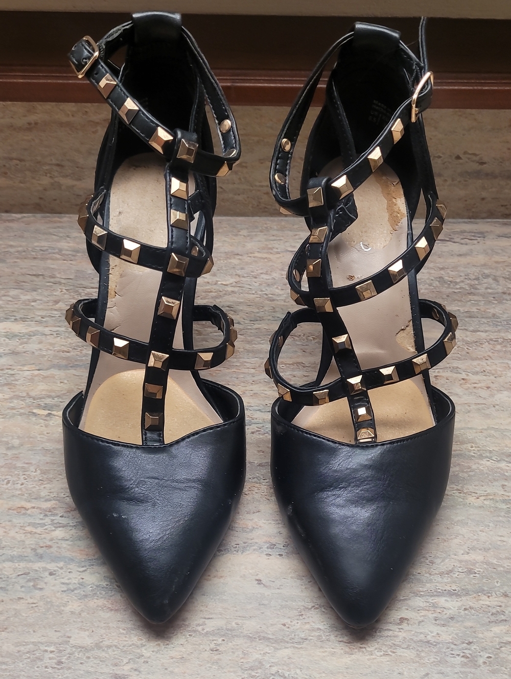 Black Studded Strappy Pointed-Toe Heels
